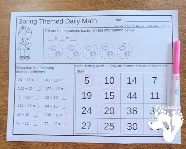 No-Prep Spring No-Prep Math: Multiplication & Division - 30 pages in each set with review sheets at the end all in a spring theme with no cutting or prep work needed - 3Dinosaurs.com