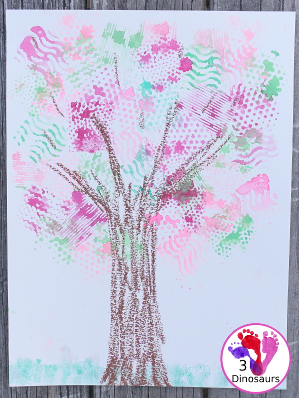 Texture Watercolor Spring Tree Painting - a fun painting activity with textures to make a fun spring themed tree - 3Dinosaurs.com