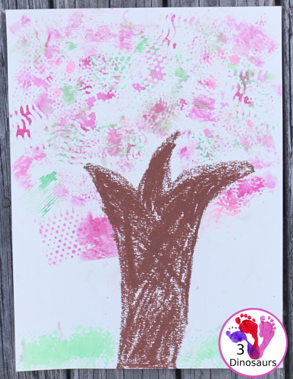 Texture Watercolor Spring Tree Painting - a fun painting activity with textures to make a fun spring themed tree - 3Dinosaurs.com