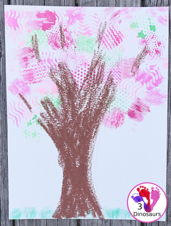 Texture Watercolor Spring Tree Painting - a fun painting activity with textures to make a fun spring themed tree - 3Dinosaurs.com