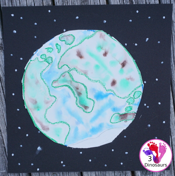 Watercolor Planet Earth Process Art - An easy and fun art project for planet Earth using watercolors and oil pastels - 3Dinosaurs.com