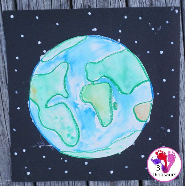 Watercolor Planet Earth Process Art - An easy and fun art project for planet Earth using watercolors and oil pastels - 3Dinosaurs.com