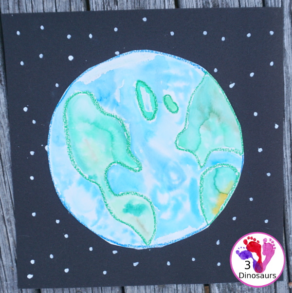 Watercolor Planet Earth Process Art - An easy and fun art project for planet Earth using watercolors and oil pastels - 3Dinosaurs.com