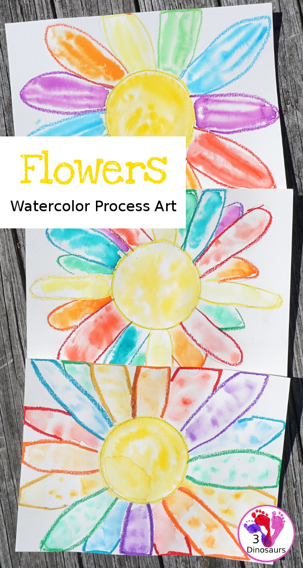 Watercolor Flower Process Art- kids can great creative and explore how water spreads things out with this craft for spring and flowers  - 3Dinosaurs.com