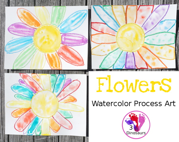 Watercolor Flower Process Art- kids can great creative and explore how water spreads things out with this craft for spring and flowers  - 3Dinosaurs.com