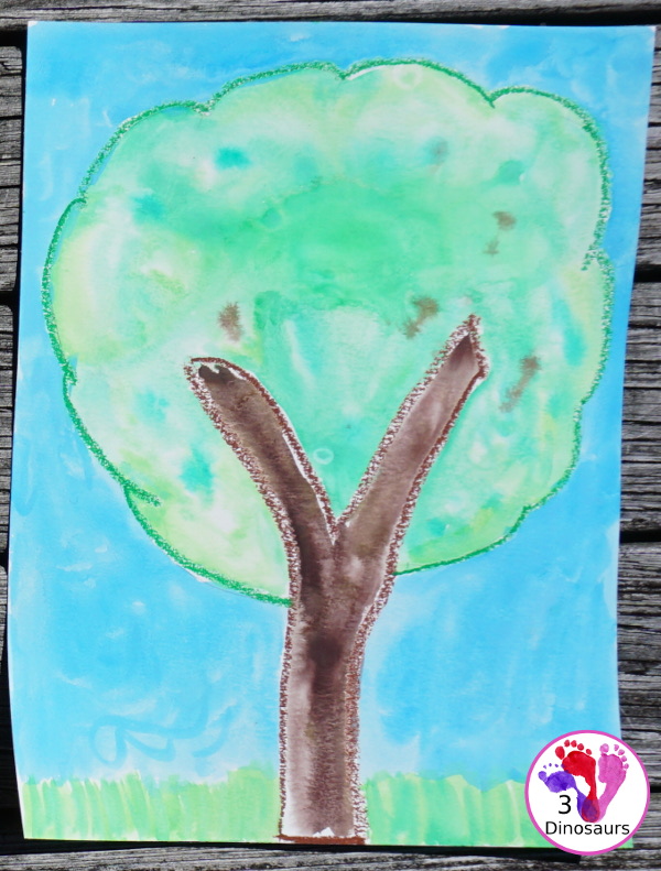 Watercolor Process Art Green Tree - a fun way to do watercolors and oil pastels painting of a green tree for Earth Day or Arbor Day - 3Dinosaurs.com
