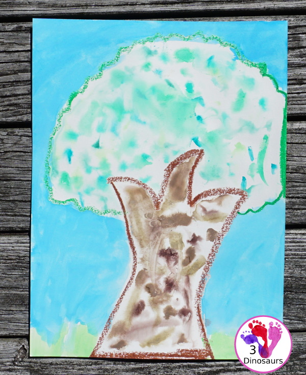 Watercolor Process Art Green Tree - a fun way to do a  watercolors and oil pastels painting of a tree tree for Earth Day or Arbor Day - 3Dinosaurs.com