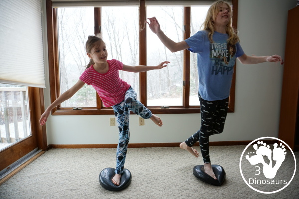 Gross Motor: Balance Cushion Activities - 4 fun movements that can be done indoors and get the wiggles out and work on balance and core strenght at the same time. - 3Dinosaurs.com