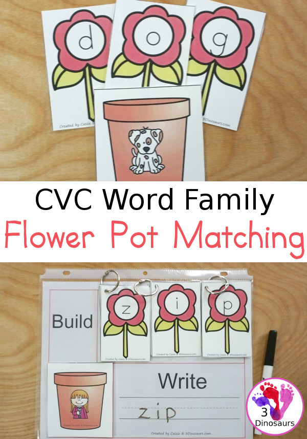 Free CVC Flower Pot Matching Printable - 18 flower posts with matching letters for the CVC pictures on the flower pots- 3Dinosaurs.com