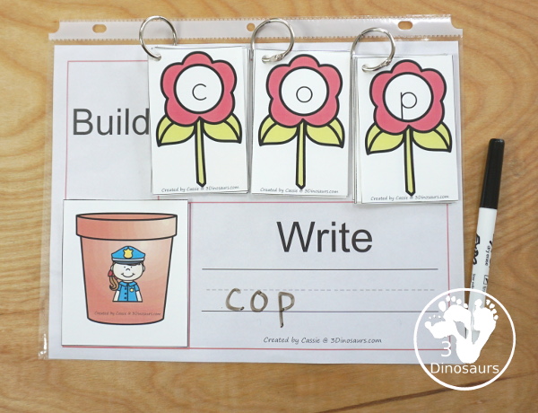 Free CVC Flower Pot Matching Printable - 18 flower posts with matching letters for the CVC pictures on the flower pots- 3Dinosaurs.com