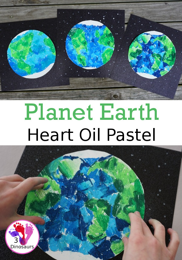Oil Pastel Earth with Heart Shapes - a great craft that works on blending colors and making a very fun planet Earth for Earth Day - 3Dinosaurs.com