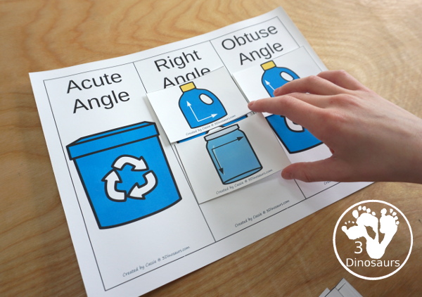 Free Recycling Sorting By Angles fun for Earth Day - sorting acute, right and obtuse angles with items you recycle - 3Dinosaurs.com