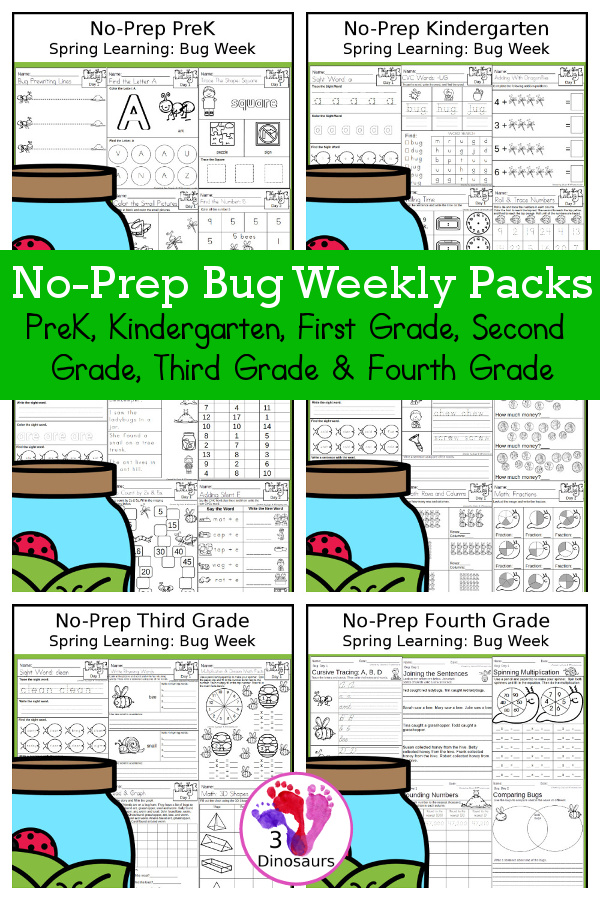 Bug No-Prep Weekly Packs PreK, Kindergarten, First Grade, Second Grade, Third Grade & Fourth Grade with 5 days of activities to do for each grade level - You will find math, language, and more - These are easy to use packs for homework, distance learning, early finisher, and morning work. Easy no-prep printables for kids with four pages for each day - 3Dinosaurs.com