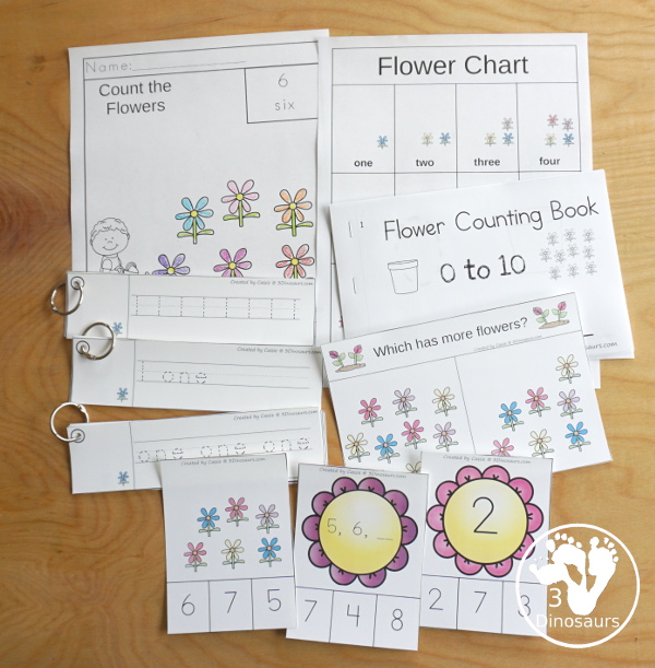 Flower Activity Pack: Number Printables - number flower printables that work on numbers from 0 to 10 with easy reader books, number charts, number clip cards and flower number no-prep worksheets with flowers - 3Dinosaurs.com