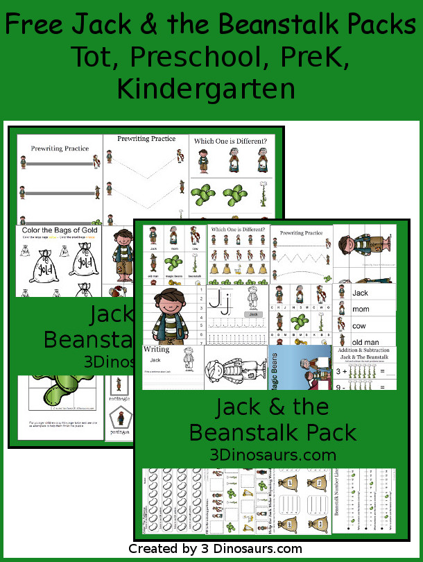 Free Jack & the Beanstalk Pack for Tot Preschool, PreK, and Kindergarten - with a mix of hands-on and no-prep activities for learning with the story with math and language - 3Dinosaurs.com