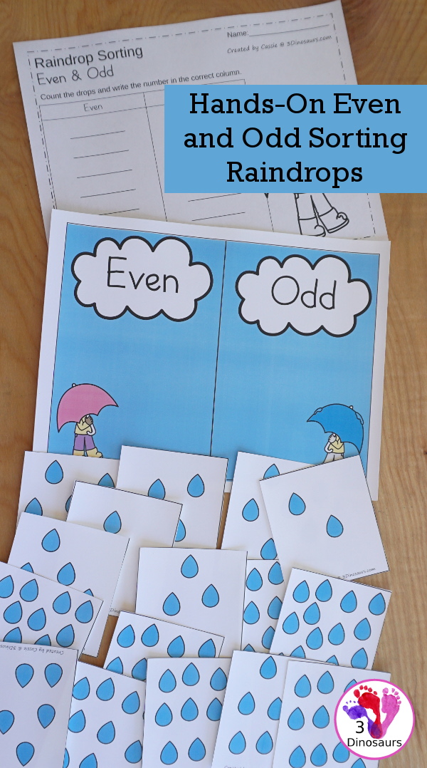 Free Hands-On Even and Odd Sorting Raindrops - Counting and sorting raindrops by even and odd with a recording sheet - 3Dinosaurs.com