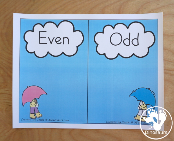 Free Hands-On Even and Odd Sorting Raindrops - Counting and sorting raindrops by even and odd with a recording sheet - 3Dinosaurs.com