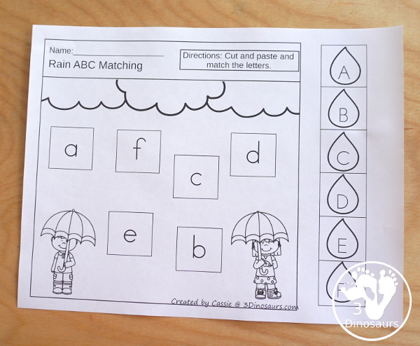 Free Raindrop ABC Matching Cut & Paste  -All 26 letters of the alphabet in a mix of letters in order and a mix of letters - 10 pages of printables - 3Dinosaurs.com #3dinosaurs #nopreprintable #freeprintable #ABCs #prek #kindergarten