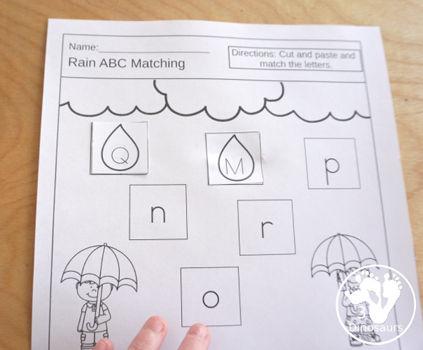 Free Raindrop ABC Matching Cut & Paste -All 26 letters of the alphabet in a mix of letters in order and a mix of letters - 10 pages of printables - 3Dinosaurs.com #3dinosaurs #nopreprintable #freeprintable #ABCs #prek #kindergarten