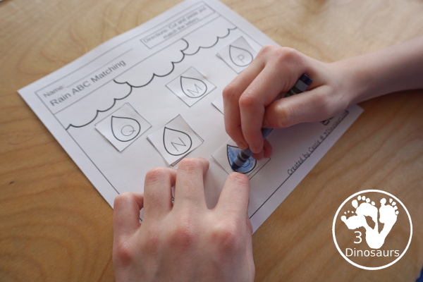 Free Raindrop ABC Matching Cut & Paste  -All 26 letters of the alphabet in a mix of letters in order and a mix of letters - 10 pages of printables - 3Dinosaurs.com #3dinosaurs #nopreprintable #freeprintable #ABCs #prek #kindergarten 