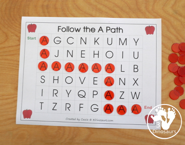 Free Romping & Roaring A Pack; A is for Apple - with 47 pages of activities for kids to work on learning the letter A with prewriting, puzzles, tracing, coloring, dot markers letters and more - 3Dinosaurs.com