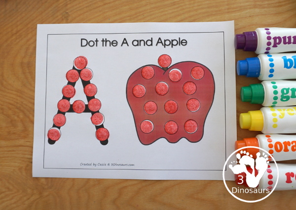 Free Romping & Roaring A Pack; A is for Apple - with 47 pages of activities for kids to work on learning the letter A with prewriting, puzzles, tracing, coloring, dot markers letters and more - 3Dinosaurs.com