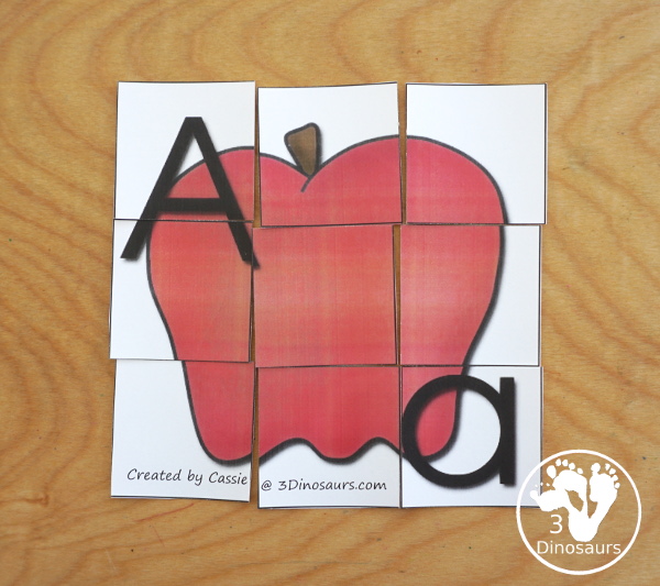 Free Romping & Roaring A Pack; A is for Apple - with 47 pages of activities for kids to work on learning the letter A with prewriting, puzzles, tracing, coloring, dot markers letters and more - 3Dinosaurs.com