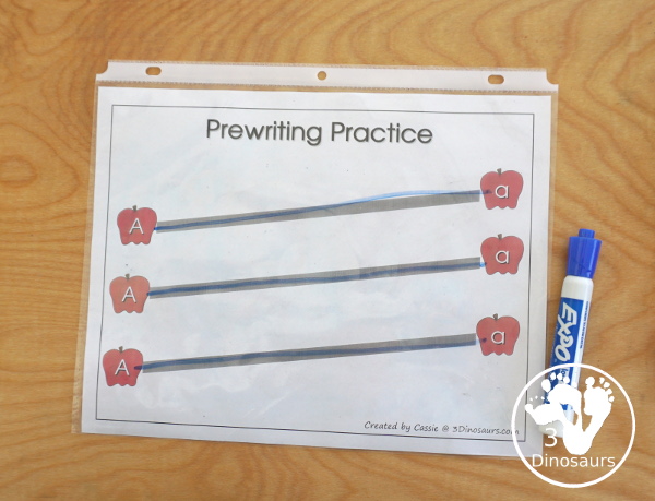 Free Romping & Roaring A Pack; A is for Apple - with 47 pages of activities for kids to work on learning the letter A with prewriting, puzzles, tracing, coloring, dot markers letters and more - 3Dinosaurs.com