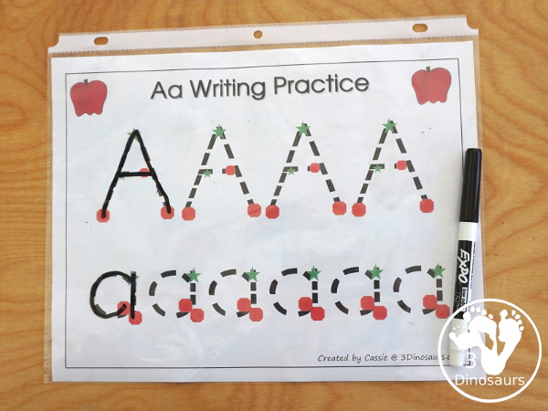 Free Romping & Roaring A Pack; A is for Apple - with 47 pages of activities for kids to work on learning the letter A with prewriting, puzzles, tracing, coloring, dot markers letters and more - 3Dinosaurs.com