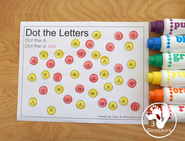 Free Romping & Roaring A Pack; A is for Apple - with 47 pages of activities for kids to work on learning the letter A with prewriting, puzzles, tracing, coloring, dot markers letters and more - 3Dinosaurs.com