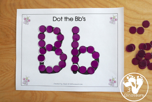 Free Romping & Roaring B Pack - B is for Butterfly theme with prewriting, writing, puzzles, dot marker letters, letter finds and more - 3Dinosaurs.com