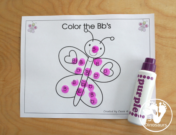 Free Romping & Roaring B Pack - B is for Butterfly theme with prewriting, writing, puzzles, dot marker letters, letter finds and more - 3Dinosaurs.com