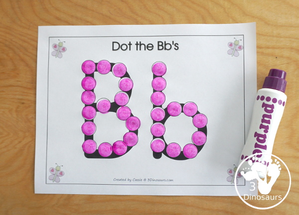 Free Romping & Roaring B Pack - B is for Butterfly theme with prewriting, writing, puzzles, dot marker letters, letter finds and more - 3Dinosaurs.com