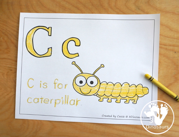 Free Romping & Roaring C Pack - C is for Caterpillar theme with prewriting, writing, puzzles, dot marker letters, letter finds and more - 3Dinosaurs.com