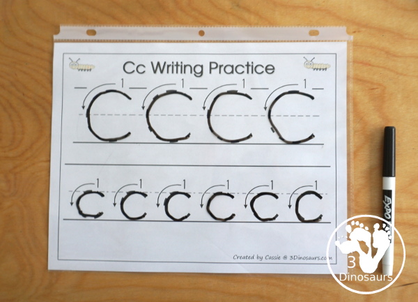 Free Romping & Roaring C Pack - C is for Caterpillar theme with prewriting, writing, puzzles, dot marker letters, letter finds and more - 3Dinosaurs.com