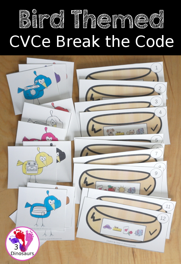 Free Bird CVCe Break The Code Printable - It has 12 nests with matching CVCe picture and a recording sheet - a fun set of printables to work on sounds of letters - 3Dinosaurs.com