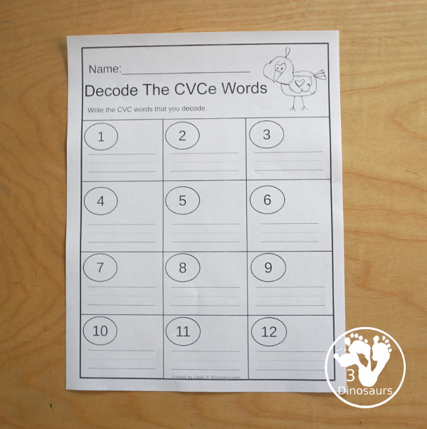 Free Bird CVCe Break The Code Printable - It has 12 nests with matching CVCe picture and a recording sheet - a fun set of printables to work on sounds of letters - 3Dinosaurs.com