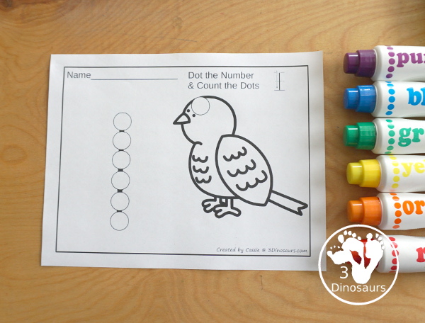 Bird Dot the Number & Counting:  - Numbers 1 to 20 - with dot the number and the count and dot the circles on the bird - 3Dinosaurs.com - 3Dinosaurs.com