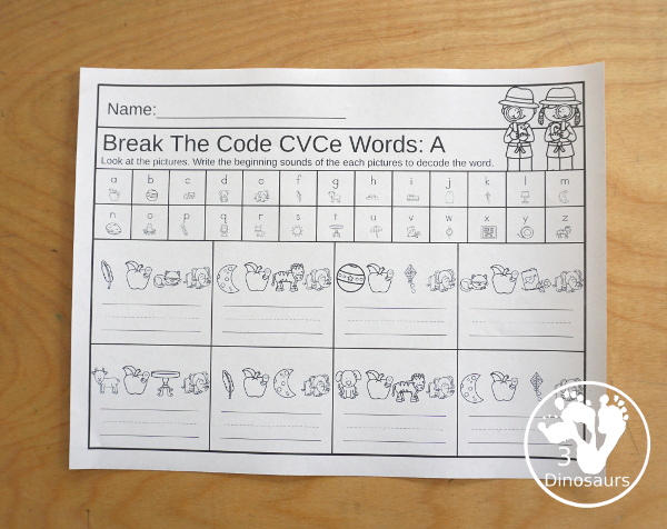 CVCe Word: Break the Code - -a mix of CVCe printables that words on learning letter sounds for each letter and writing words from the letter sounds. A great decoding or break the code activity for kids to do- 3Dinosaurs.com