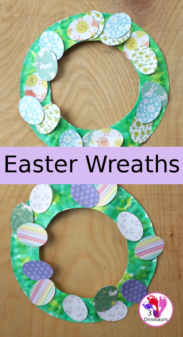 Easter Wreath Craft for Kids a simple easter wreath you can make with scrapbook paper and paper plate. A perfect Easter craft for kids to make. - 3Dinosaurs.com