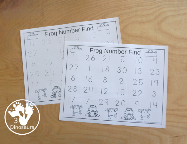 Free Frog Number Find and Trace with 1 to 30 Numbers - you have 30 number cards, number find printable, number tracing printable and number dot marker find printable for working on numbers from 1 to 30 - 3Dinosaurs.com
