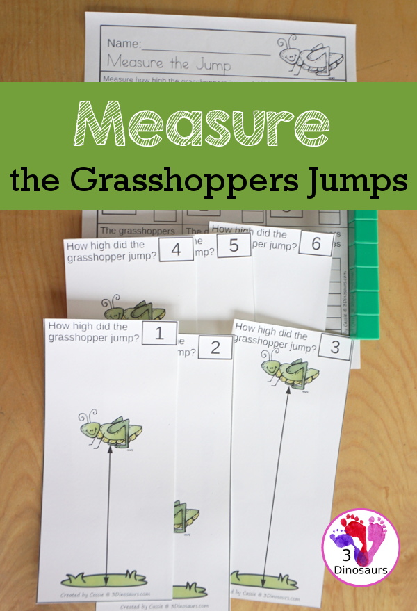 Free Measure the Grasshoppers Jump with 6 measuring grasshopper jump cards and 1 measuring recording worksheet for kids - 3Dinosaurs.com