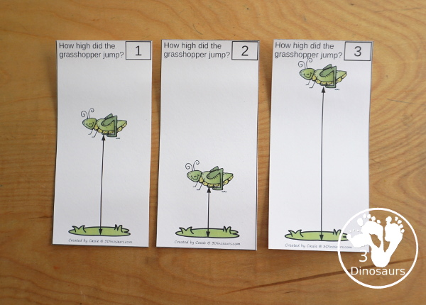Free Measure the Grasshoppers Jump with 6 measuring grasshopper jump cards and 1 measuring recording worksheet for kids - 3Dinosaurs.com