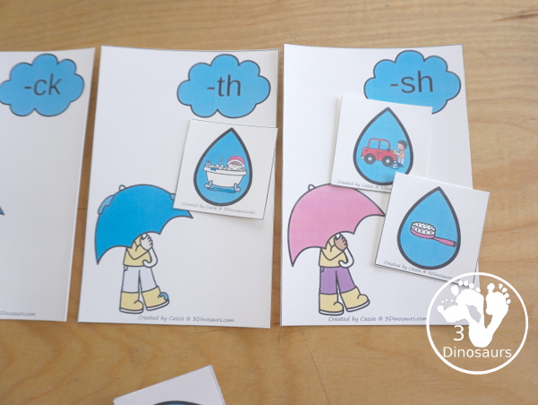 Free Raindrop Digraph Sorting - CH - CK - SH -TH - with sorting mats, raindrops with ending digraphs and tracing ending digraphs words worksheet - 3Dinosaurs.com