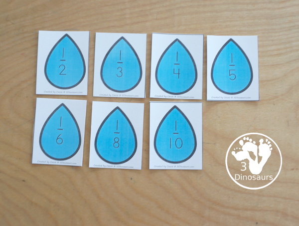 Free Raindrop Adding Fractions to Make Whole with same fraction and mixed fractions with 1/2, 1/3, 1/4, 1/5, 1/6, 1/8, & 1/10, with raindrop fractions, fraction puzzles and fraction math centers - 3Dinosaurs.com