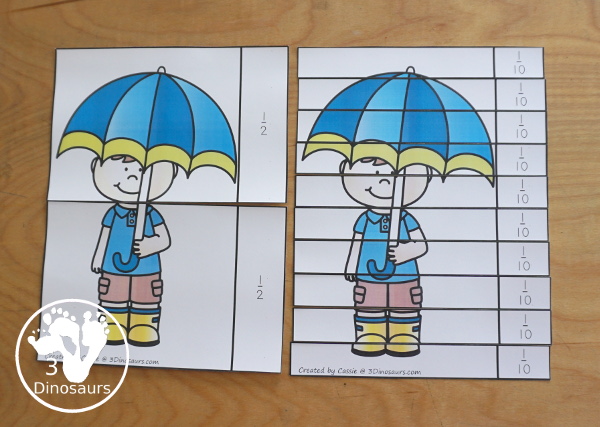 Free Raindrop Adding Fractions to Make Whole with same fraction and mixed fractions with 1/2, 1/3, 1/4, 1/5, 1/6, 1/8, & 1/10, with raindrop fractions, fraction puzzles and fraction math centers - 3Dinosaurs.com