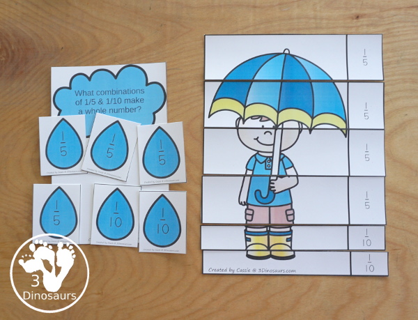 Free Raindrop Adding Fractions to Make Whole with same fraction and mixed fractions with 1/2, 1/3, 1/4, 1/5, 1/6, 1/8, & 1/10, with raindrop fractions, fraction puzzles and fraction math centers - 3Dinosaurs.com