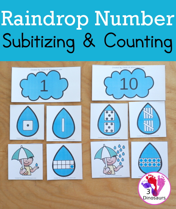 Free Raindrop Subitizing Number Practice & Counting - with numbers 1 to 10 with dice, tally marks, ten frames and counting raindrops for sorting. A great hands-on number activity - 3Dinosaurs.com