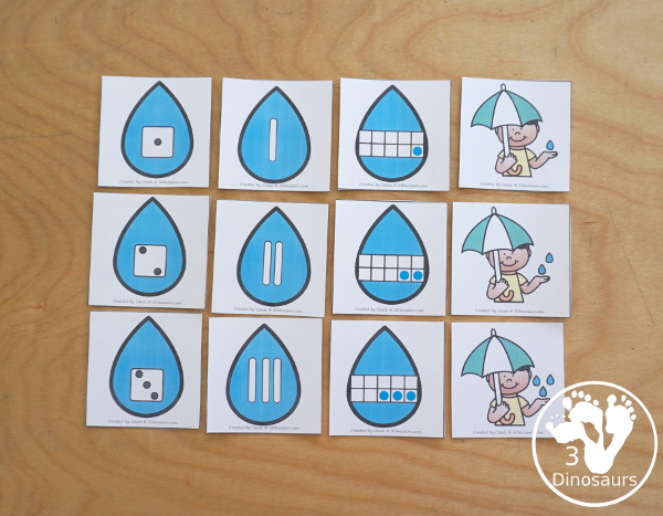 Free Raindrop Subitizing Number Practice & Counting - with numbers 1 to 10 with dice, tally marks, ten frames and counting raindrops for sorting. A great hands-on number activity - 3Dinosaurs.com