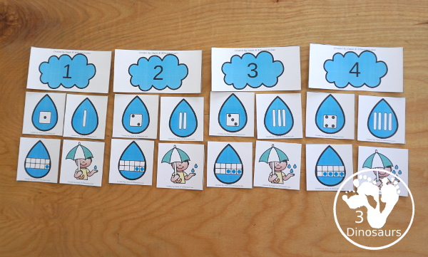 Free Raindrop Subitizing Number Practice & Counting - with numbers 1 to 10 with dice, tally marks, ten frames and counting raindrops for sorting. A great hands-on number activity - 3Dinosaurs.com